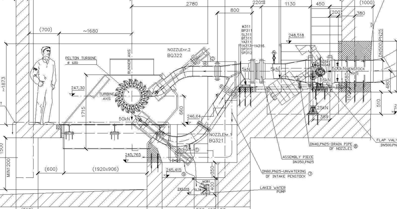 Desenho do grupo turbina-gerador da Mini-hídrica de Armamar